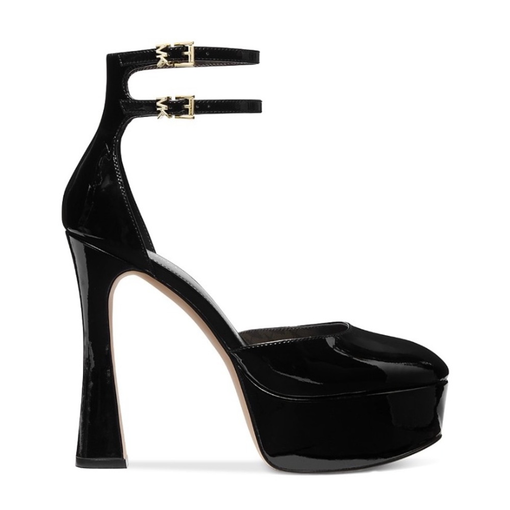 Michael Kors Martina Ankle Strap Patent Leather Platform Heels, Black - Size 9